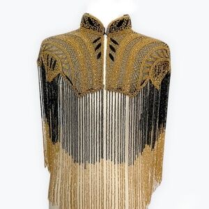 Black and gold two tone ombre hand beaded fringe capelet O/S